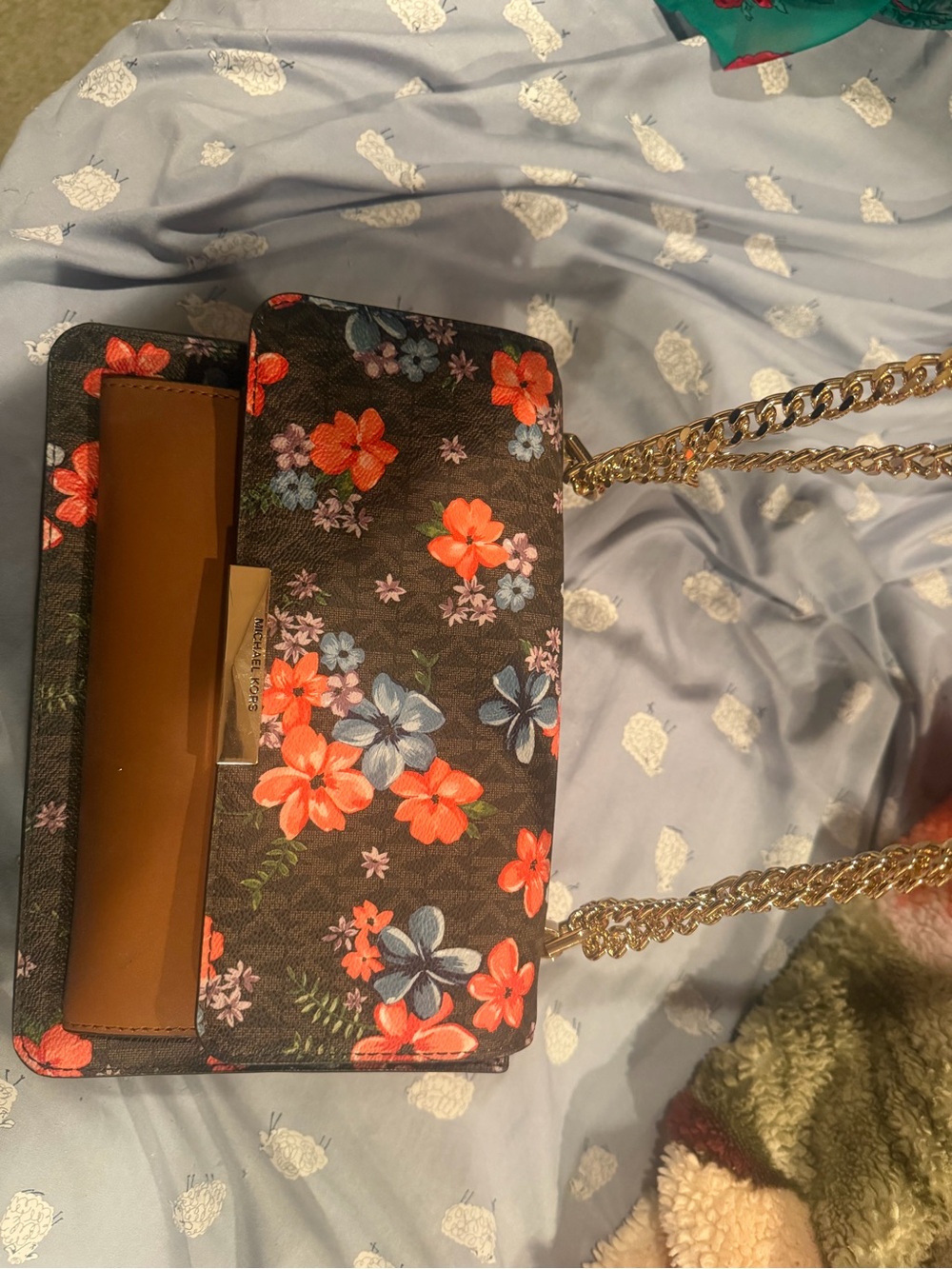 Michael Kors Floral Chain Shoulder Bag in Brown, Coral & Blue